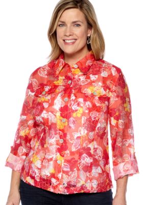 Ruby Rd Plus Size Key Items Tropical Hibiscus Burnout Shirt