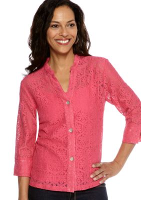 Ruby Rd Petite Favorite Stand Collar Floral Lace Shirt