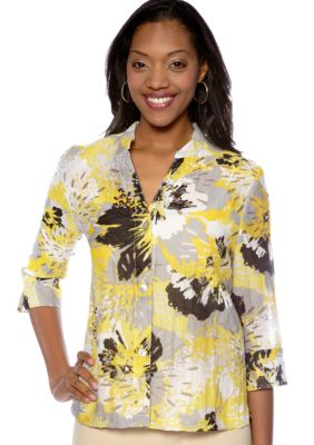 Ruby Rd Petite Favorite Stand Collar Floral Burnout Shirt