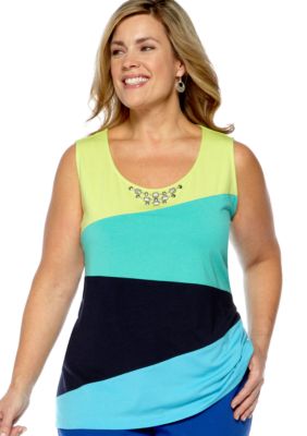 Ruby Rd Plus Size Boho Cool Embellished Color Block Knit Top
