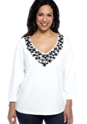 Ruby Rd Plus Size Sunshine State Embellished V-Neck Knit Top