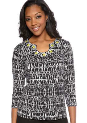 Ruby Rd Petite Sunshine State Open Keyhole Printed Knit Top