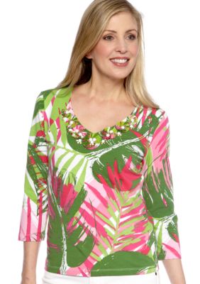 Ruby Rd Cocoa Embellished V-Neck Jumbo Tropical Printed Knit Top