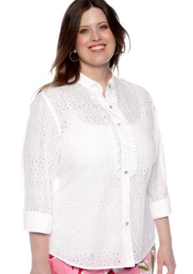 Ruby Rd Plus Size Cocoa Beach Ruffle Eyelet Button Front Shirt