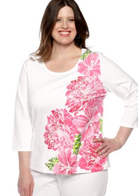 Ruby Rd Plus Size Cocoa Beach Stamped Blossoms Knit Top