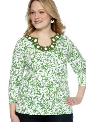 Ruby Rd Plus Size Cocoa Beach Embellished Keyhole Knit Top