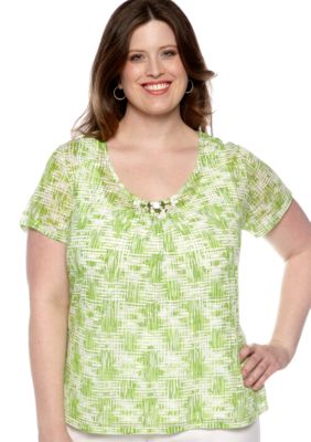 Ruby Rd Plus Size Cocoa Beach Printed Burnout Knit Top