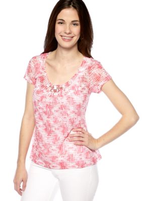 Ruby Rd Petite Coco Beach Printed Burnout Tee with Lining and Embellished Neckline