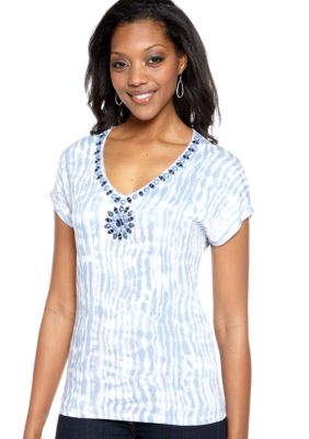 Ruby Rd Blue Horizon Embellished V-Neck Tie Dye Top