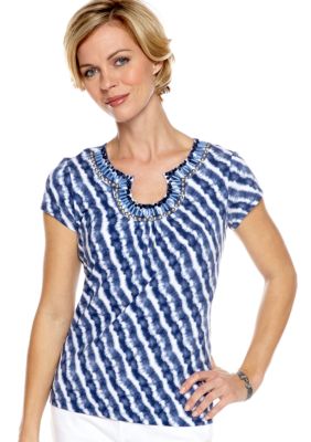 Ruby Rd Blue Horizon Embellished Keyhole Tie Dye Shirt
