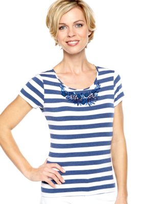 Ruby Rd Blue Horizon Embellished Stripe Knit