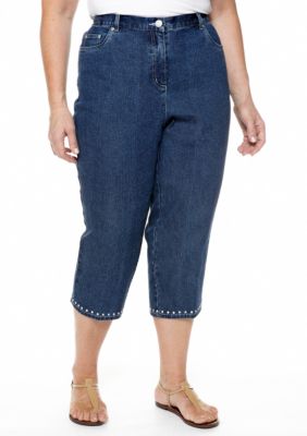 Ruby Rd Plus Size Blue Horizon Side Elastic Embellished Hem Denim Capri