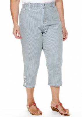 Ruby Rd Plus Size Blue Horizon Embellished Stripe Denim Capri