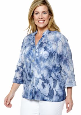 Ruby Rd Plus Size Blue Horizon Water Printed Jacquard Blouse