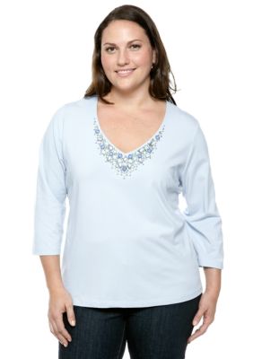 Ruby Rd Plus Size Blue Horizon V-Neck Embellished Solid Knit Top