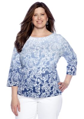 Ruby Rd Plus Size Blue Horizon Embellished Boat Neck Top