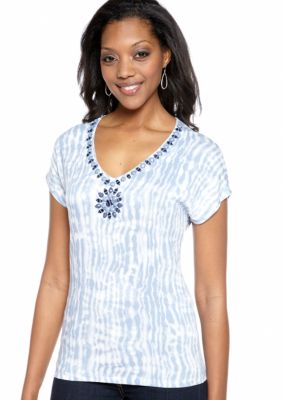 Ruby Rd Petite Blue Horizon Embellished V-Neck Tie Dye Top