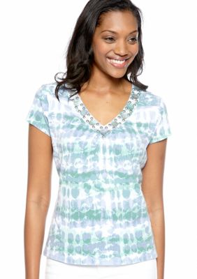 Ruby Rd Petite Blue Horizon Tie Dye Embellished V-Neck Top