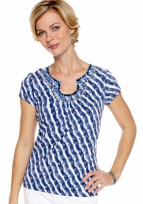 Ruby Rd Petite Blue Horizon Embellished Keyhole Tie Dye Shirt