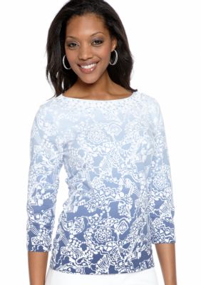 Ruby Rd Petite Blue Horizon Embellished Boat Neck Top