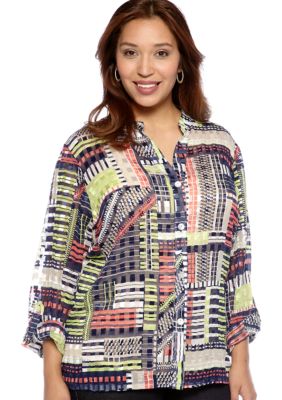 Ruby Rd Plus Size Citrus Splash Block Stripes Sheer Button Up Blouse