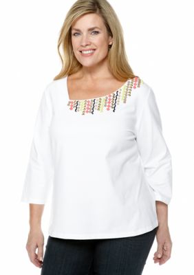 Ruby Rd Plus Size Citrus Splash Embellished Asymmetrical Knit Top