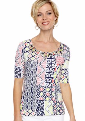 Ruby Rd Petite Citrus Splash Embellished Scoop Neck Top