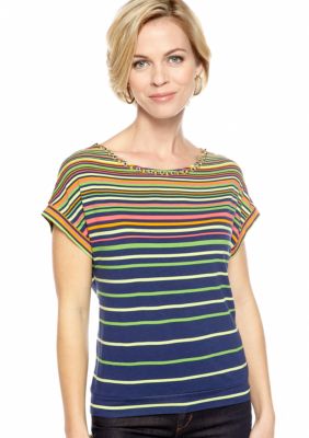Ruby Rd Petite Citrus Splash Short Sleeve Stripe Knit Top