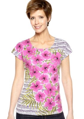 Ruby Rd Tropical Paradise Scoop Neck Floral Embellished Tee