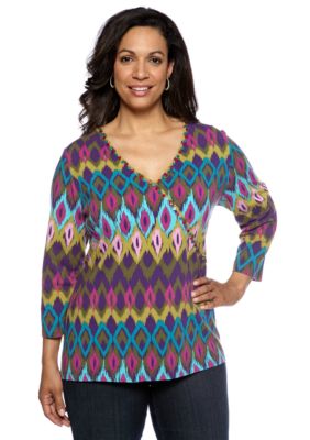 Ruby Rd Plus Size Tropical Paradise Mock Surplice Printed Top