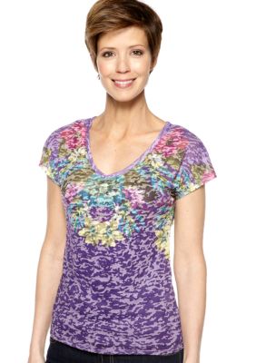 Ruby Rd Petite Tropical Paradise V-Neck Burnout Tee