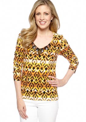 Ruby Rd Petite Tribe Vibe Embellished Ethnic V-Neck Top