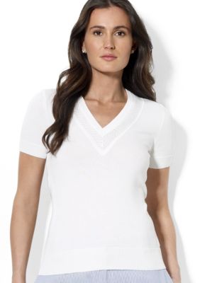 Lauren Active Short-Sleeved Perforated-Neckline Combed Cotton Top