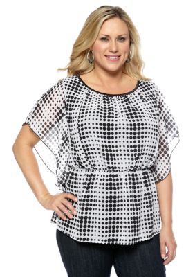 New Directions Plus Size Smock Waist Polka Dot Peplum Top