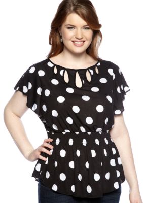 New Directions Plus Size Polka Dot Keyhole Top