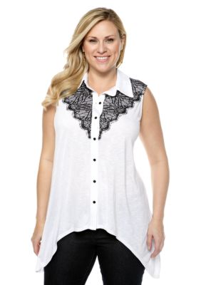 New Directions Plus Size Lace Trim Shark Bite Top