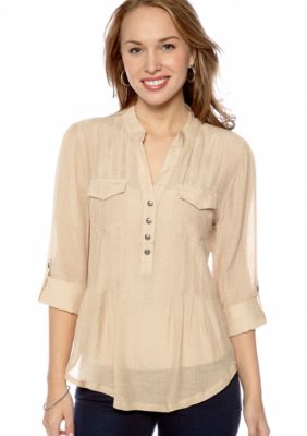 New Directions&reg; Petite Double Pocket Roll Tab Sleeve Top