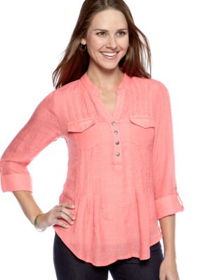 New Directions Petite Double Pocket Roll Tab Sleeve Top