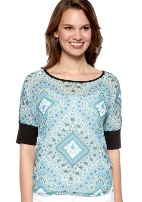 New Directions Petite Scarf Print Top with Hi Low Hemline