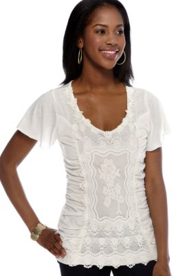 New Directions Petite Flutter Sleeve Crochet Front Lace Top