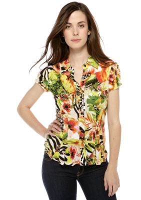 New Directions Petite Printed Button Down Top