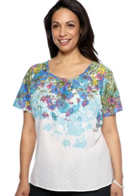 Kim Rogers Plus Size Short Sleeve Floral Yoke Peasant Top