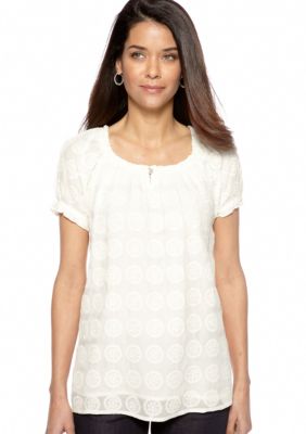 Kim Rogers Petite Embroidered Mesh Peasant Top