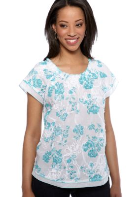 Kim Rogers Petite Eyelet Blouse with Flutter Sleeves and Soutache Trim