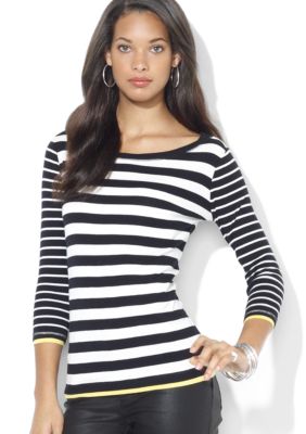Lauren Jeans Co. Three-Quarter-Sleeved Striped Cotton Bateau-Neck Shirt 