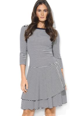 Lauren Jeans Co. Three-Quarter-Sleeved Striped Cotton Buttoned-Shoulder Boatneck Dress