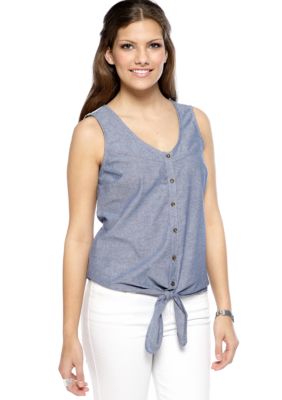 Red Camel Lace Back Tie Front Sleeveless Chambray Top