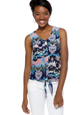 Red Camel Lace Back Tie Front Printed Top