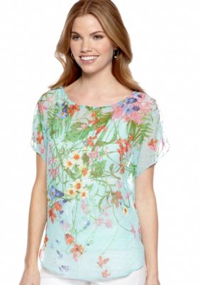 New Directions Petite Printed Chiffon Flutter Sleeve Top