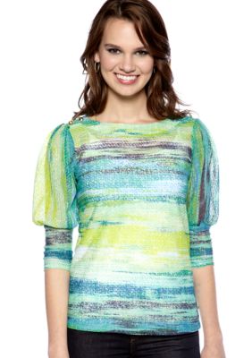 New Directions Petite Pointelle Knit Top with Button Detail and Puff Sleeves